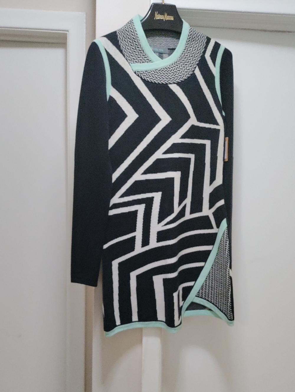 Geometric Knit Tunic with Mint Trim